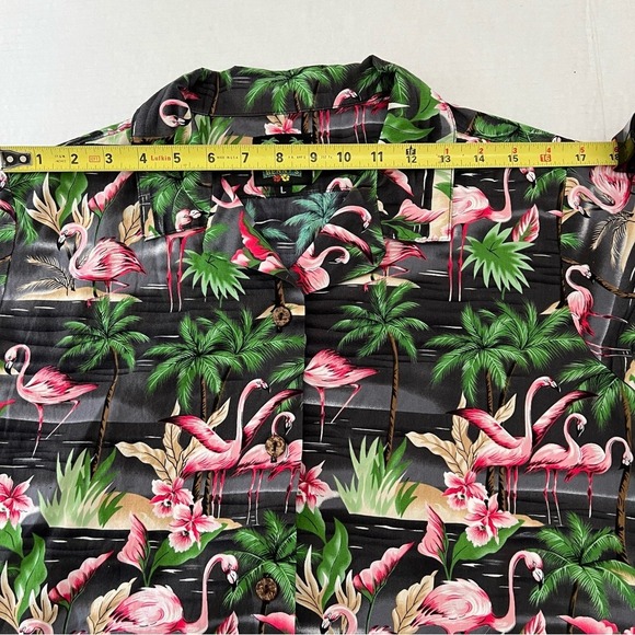 Benny's Blue Hawaiian Tropical Flamingo Button Up Shirt Mens Large short Sleeve - Picture 9 of 13